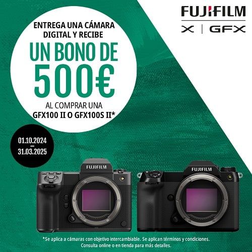 Promoción EU Trade-in Bonus FUJIFILM cámara GFX100SII o GFX100 II hasta 500€