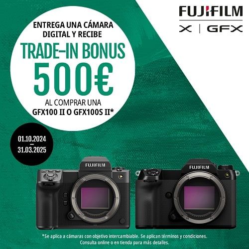 Promoción EU Trade-in Bonus FUJIFILM cámara GFX100SII o GFX100 II hasta 500€