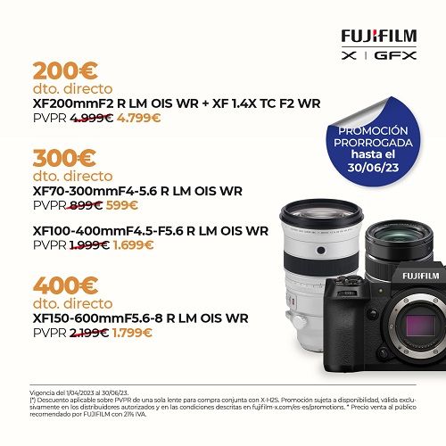 Consigue hasta 400€ de descuento directo por la compra conjunta de la cámara X-H2S junto a un óptica XF seleccionada